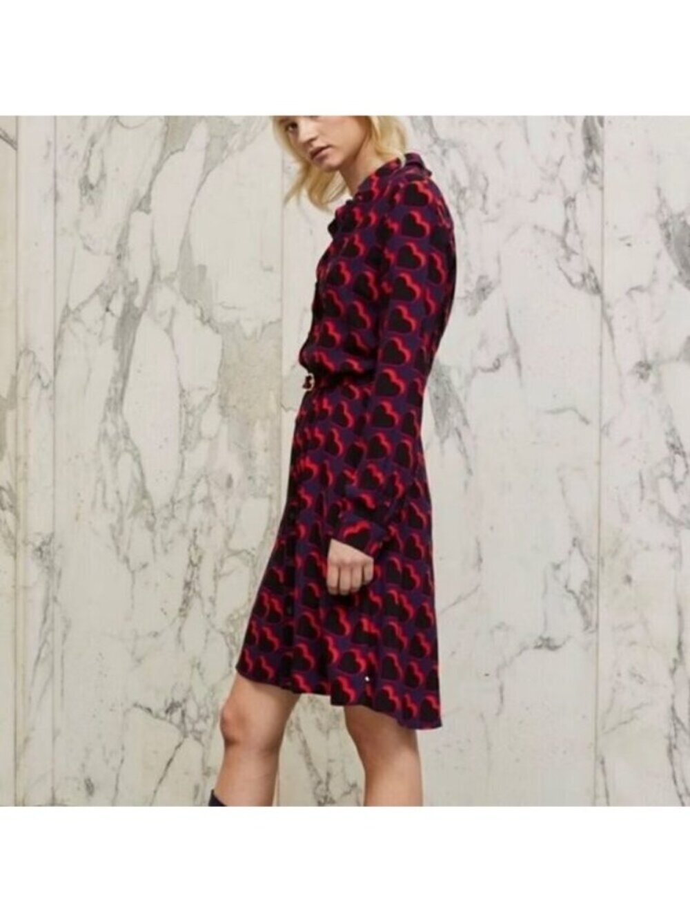 Fabienne Chapot overlap heart prints shirt dress, Red /Navy, Size 36 024